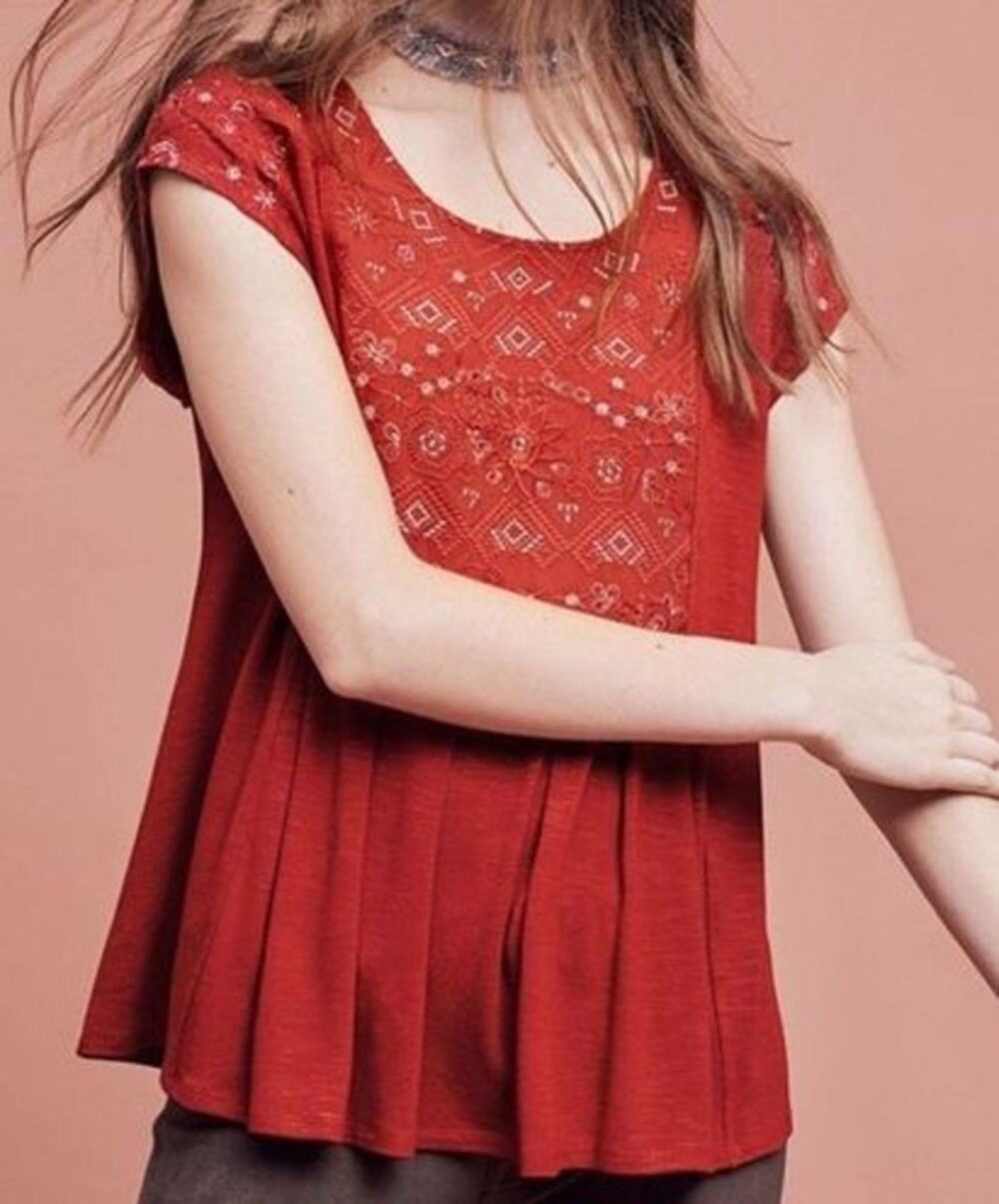 Anthropologie Akemi + Kin Burnt Orange Gold Embroidery Boxy Style Pleated Top S